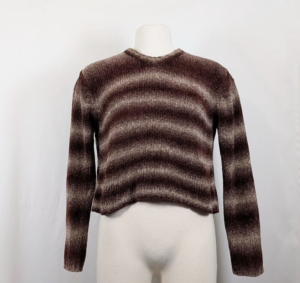 Vintage Y2K Sweater Xhilaration Brown Chenille Stripe V-Neck Women's Size XL
